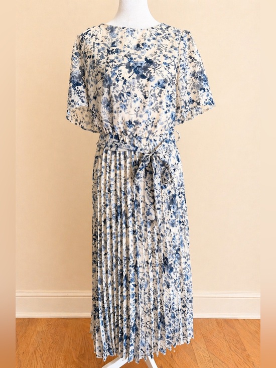Baltic Born Dresses & Skirts - Baltic Born Off White and Blue Floral Midi Dress with Tie Waist